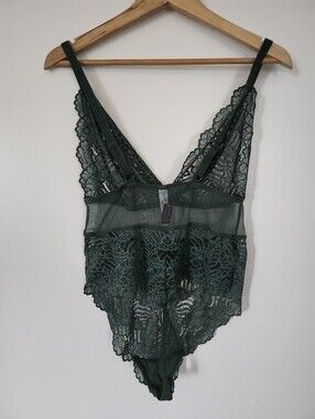ADORE ME Plus Size 1X‎ Lace Lingerie Thong Bodysuit Dark Green NWT